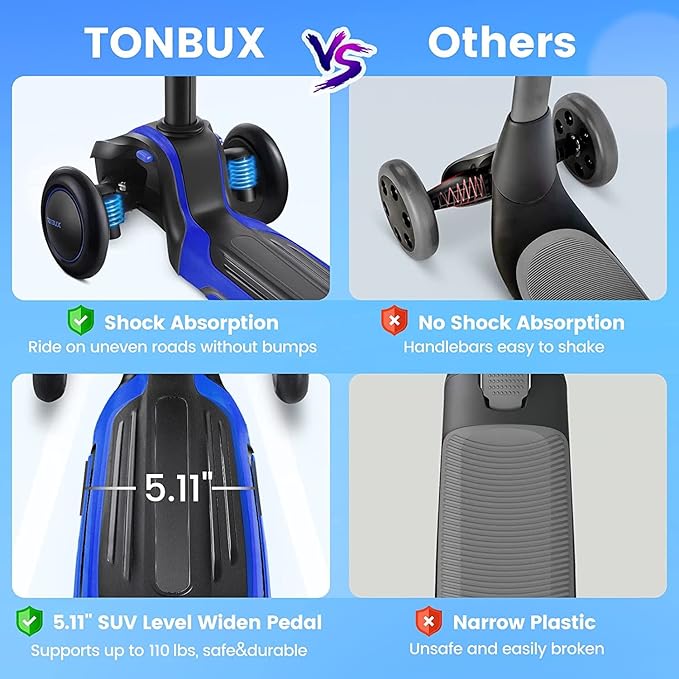 TONBUX Kids Scooter for Age 3-12, Toddler Scooter with 4 Adjustable Heights, Light Up 3-Wheels Scooter, Shock Absorption Design, Lean to Steer, Balance Training Scooter for Kids