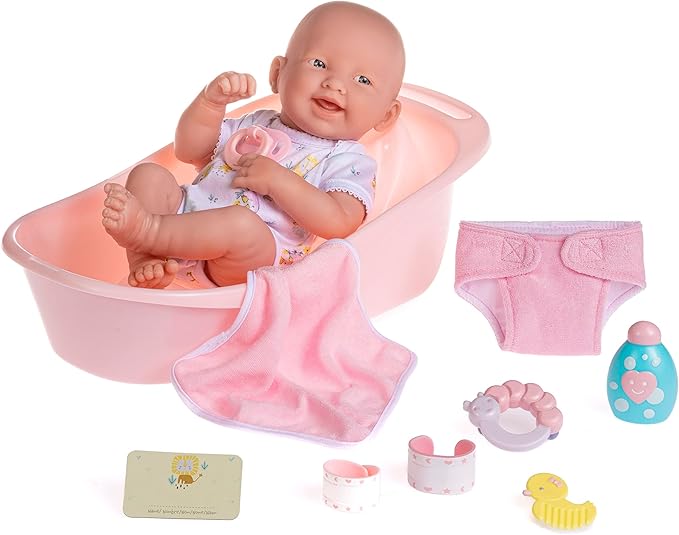 8 piece Layette Deluxe Bathtub Gift Set | JC Toys - La Newborn | 14" Life-Like Smiling Vinyl Newborn Doll w/ Accessories | Pink | Waterproof |Ages 2+