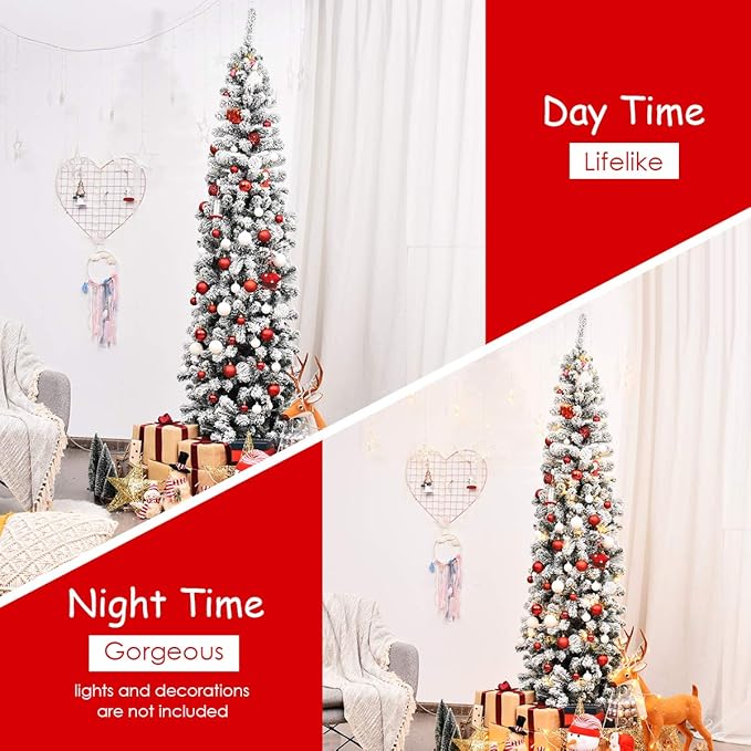 Happygrill 7.5FT Snow Flocked Pencil Christmas Tree Artificial Xmas Tree for Indoor Outdoor, Slim Christmas Tree for Festival Decoration