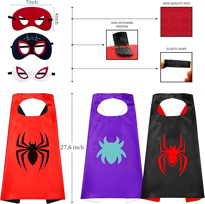 TEEHOME 3 Pack Spider Capes and Masks - His Amazing Friend for Kids Birthday Party Favors - Dress-Up Costume Set - Superhero Supplies, Decorations, Halloween Costumes, Gifts for Boys & Girls