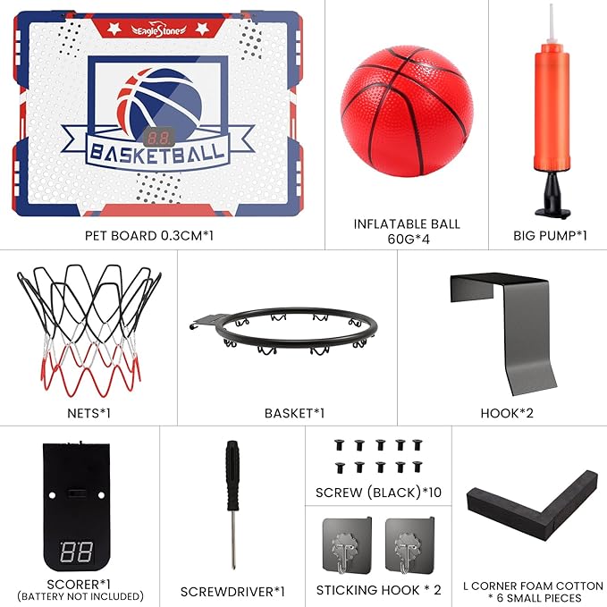 EagleStone Kids Indoor Basketball Hoop, 4 Balls Mini Basketball Toy for Toddlers, with Electronic Scoreboard Over The Door Room Wall Basketball Hoop Goal Boys Girls Gift for Age 3 4 5 6 7 8 9 10