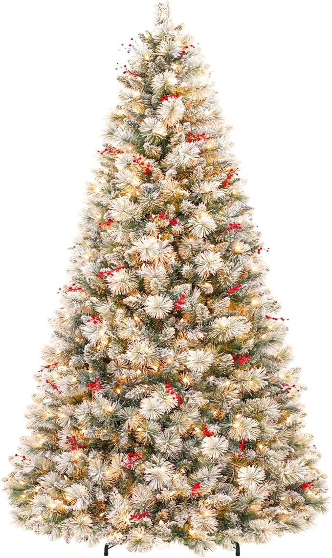 6 ft Lighted Snow Flocked Christmas Tree, 250 Warm White Lights, Artificial Christmas Tree with 1032 Frosted Branch Tips, Metal Stand and Hinged Branches for Indoor Decor