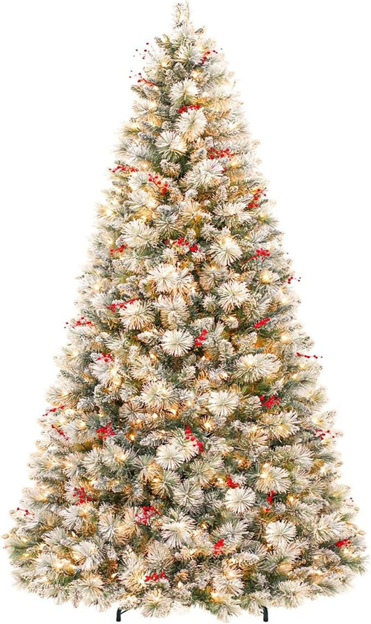 6 ft Lighted Snow Flocked Christmas Tree, 250 Warm White Lights, Artificial Christmas Tree with 1032 Frosted Branch Tips, Metal Stand and Hinged Branches for Indoor Decor