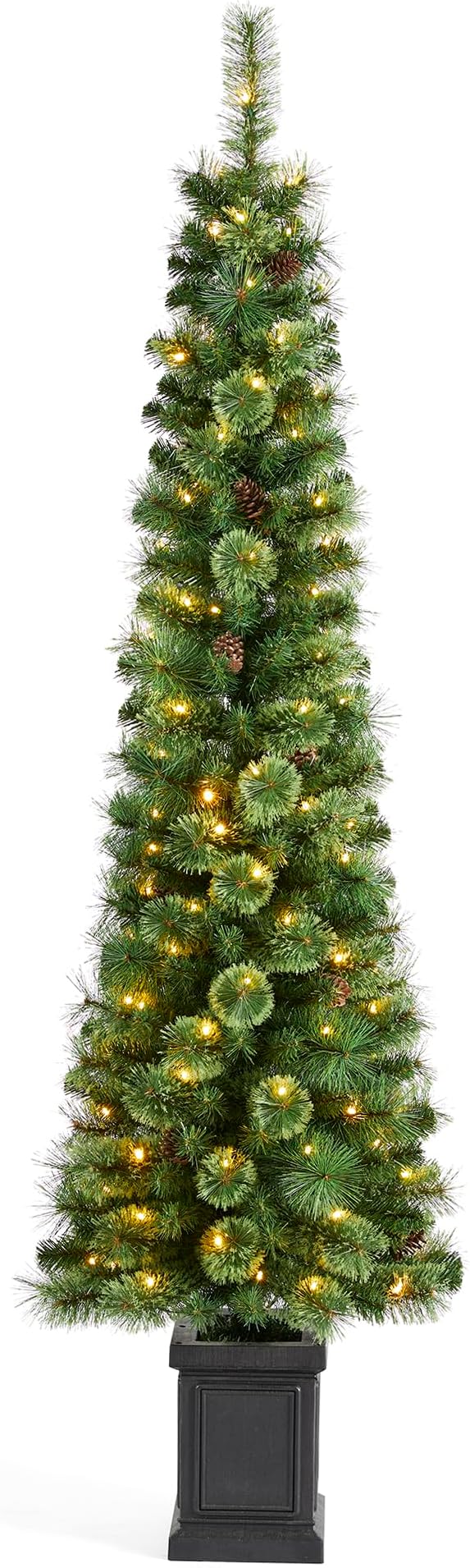 Glitzhome 6ft Prelit Artificial Christmas Tree, Green Cashmere Pine Christmas Porch Tree with pinecones,272 Pine&PVC Branch Tips,130 Warm White/Multi-Color Lights,9 Function w/Remote Control