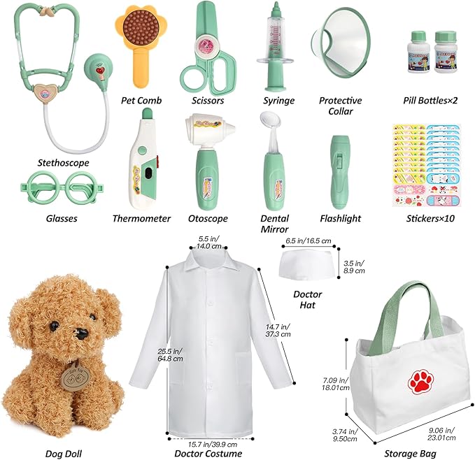 Liberry Doctor Kit for Toddlers 3 4 5 6 Years Old, 26 Pcs Kids Doctor Playset with Dog Toy, Stethoscope and Dress Up Costume, Pretend Play Medical Gift for Boys Girls (Green)