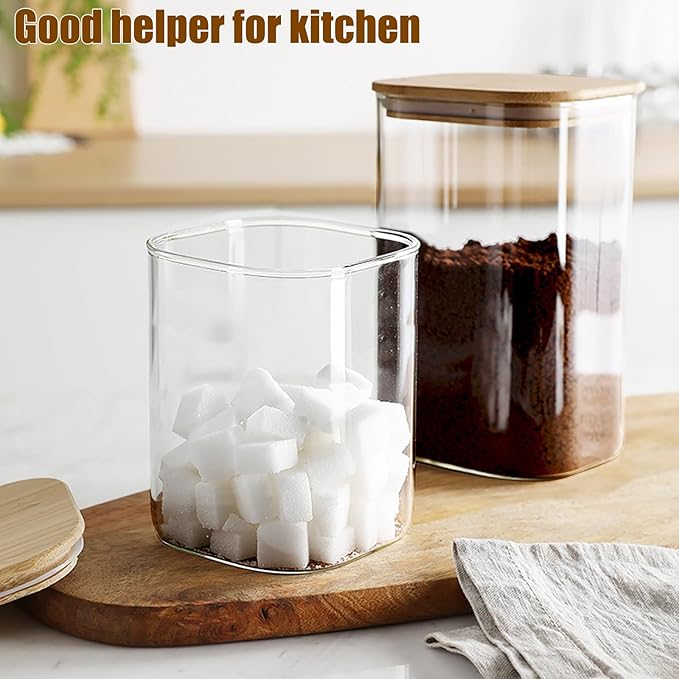 38 oz Glass Food Storage Jars with Airtight Lids, Clear Glass Jar with Bamboo Lid, Airtight Food Canister for Tea, Candy, Coffee, Sugar, Cookie, Snack. (Square | 5+6 Inch)