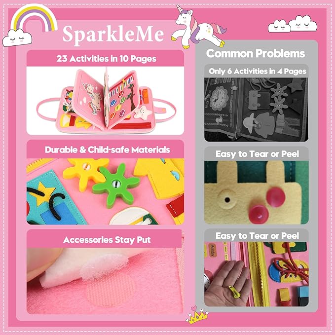 Toddler Sensory Busy Board: Travel Toy Activity Book for Girls Boys, Motor Skill Development Gift for Baby Aged 3-4 Years, Fine Educational Preschool Montessori Learning Toy for Car Airplane Unicorn