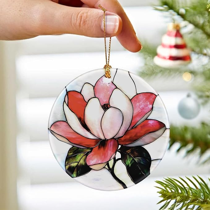 Magnolia Flower Ornament – Christmas Decoration & Christmas Ornament; Round Ceramic (Holiday Present, Bauble Present, Gift Idea, and Gift Exchange) | Heirloom Keepsake