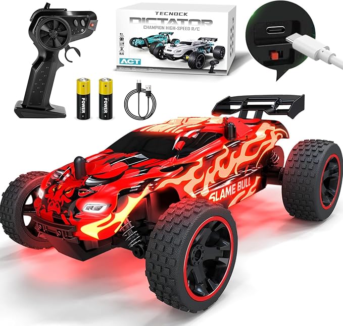 Tecnock RC Cars for Kids, 1:18 Scale 2WD RC Car with USB-C Easy Charging, 2.4GHz Remote Control Car with LED Lights & 50 Mins Playtime, Toys Gifts for Boys & Girls Ages 8-12