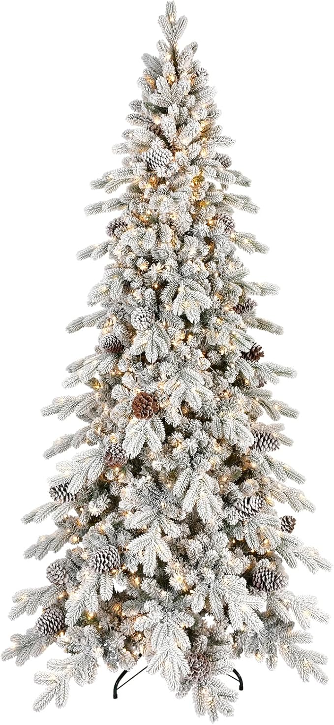 6.5 FT Pre-Lit Snow Flocked Slim Fir Christmas Tree with 1085 PE & PVC Mixed Branch Tips,Artificial Skinny Pencil Xmas Tree with 700 Warm-White Lights & 37 Pine Cones,Hinged Pine Tree with Metal Stand