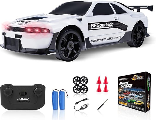 2.4GHz High Speed RC Drift Car, LED Lights, 4WD, Two Batteries Included, Drift Tires, for Kids & Adults, White