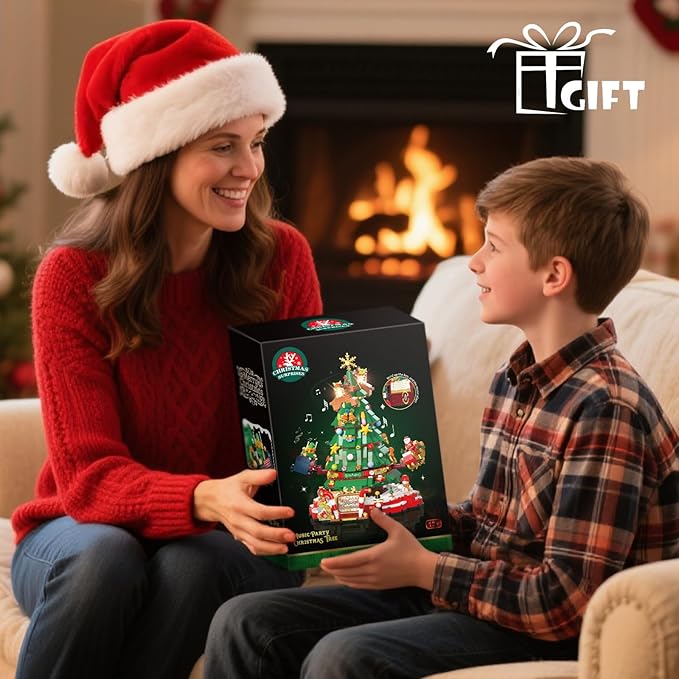 JAKI Christmas Tree Building Set, Rotating Music Box Christmas Tree with Lights, Christmas Decorations for Tabletop & Home, for Boys & Girls Ages 8+