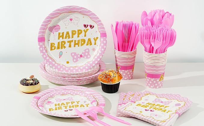 168pcs Pink Mouse Party Supplies Cartoon Mouse Birthday Decorations Paper Plates and Napkins Tableware Set for Girls 1st 2nd 3rd 4th 5th Birthday Party Supplies 24 Guests