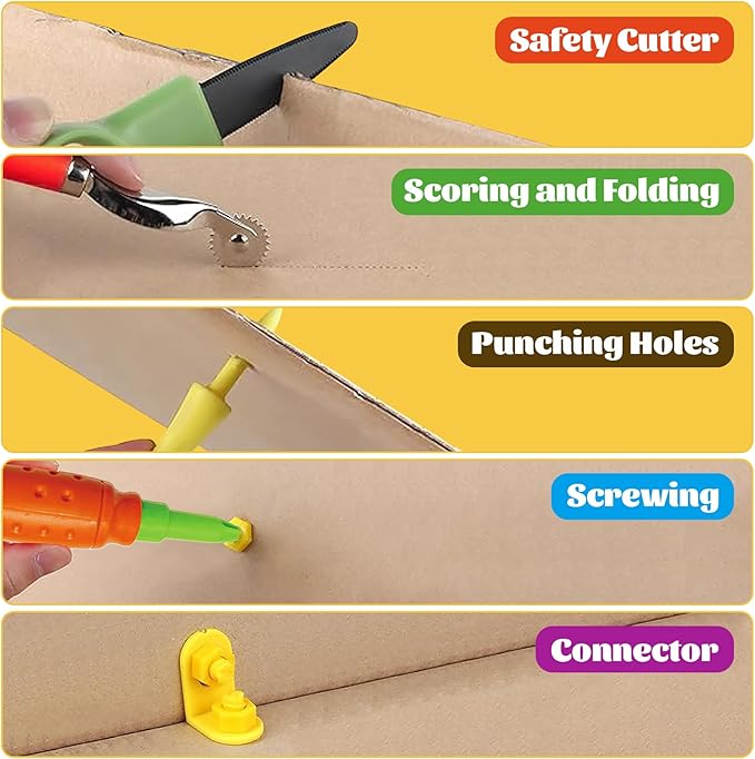 361 Piece Cardboard Construction Tools Kit for Kids: STEAM Building Toy Set with Cardboard Cutter Gloves Screws Nuts, Educational Craft Kit Gift for Boys Girls Age 5+, Great for Home Play + Classroom