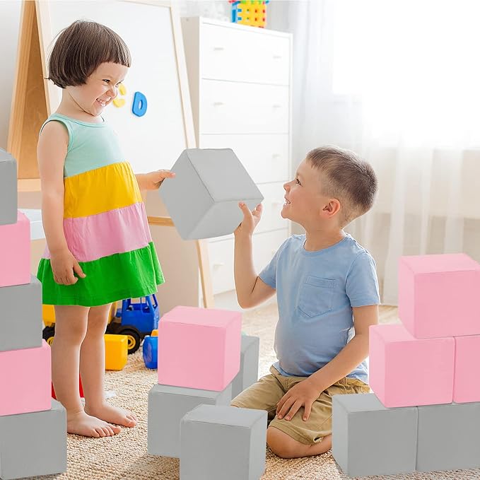 TRENDBOX 6 Pcs Toddler Foam Blocks, 5.5inch Soft Foam Cubes Blocks with Detachable Washable Cover, Soft Play Blocks for Toddlers and Kid （Light Gray & Pink）
