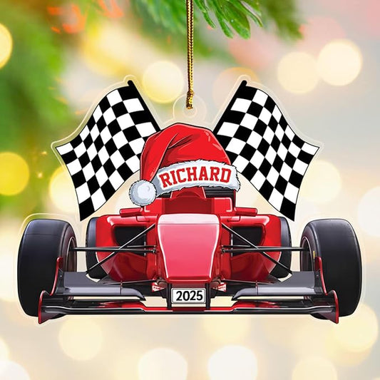 Personalized Racing Car Shaped Christmas Ornament 2025, Unique Racing Keepsake Xmas Ornament Gift for Men Women Racer Speed Lovers, Customized Year & Name Car Sport Racer Christmas Tree Ornaments
