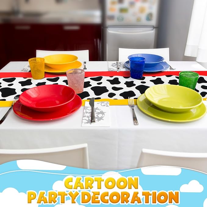 2 Pcs Cartoon Table Runner Cartoon Birthday Party Supplies Cow Pattern Printed Check Table Decor Tablecloth Party Supplies,13 x 72 in (Fresh)
