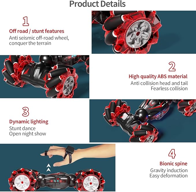 1:12 Red RC Stunt Car, 2.4GHz 4WD Remote Control Gesture Sensor Toy Cars, Double Sided Rotating Off Road Vehicle 360° Flips with Lights Music, Toy Cars for Boys & Girls Birthday