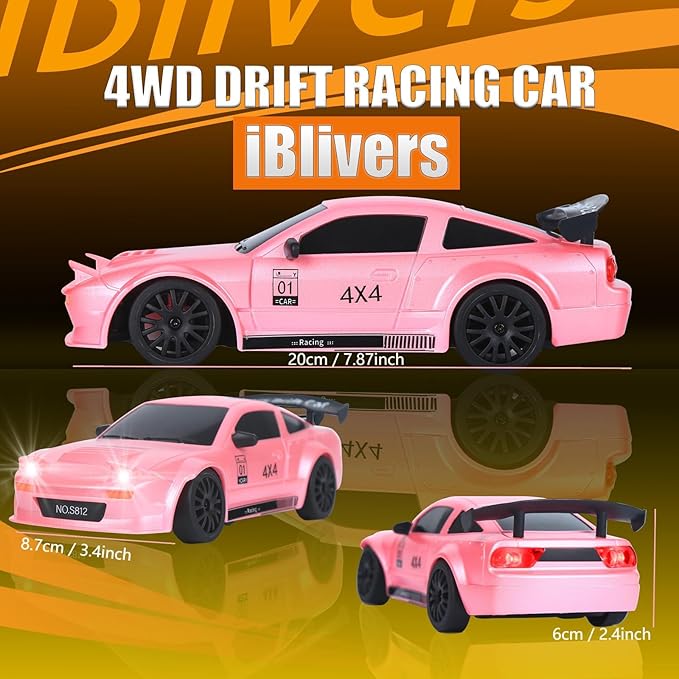 Mini RC Drift Car with Full Proportional Throttle, 1:24 Remote Control Car 4WD Drift GT-RX7 Rc Vehicle High-Speed Racing Drifting Cars Gifts Toy for Boys Kids (Pink)