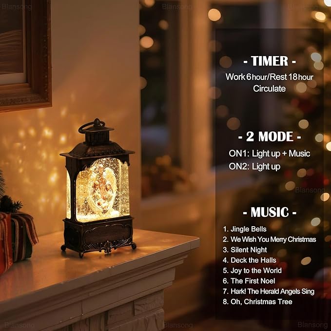 Nativity Snow Globe Lantern Christmas Decorations Gifts Auto Snowfall Glitter Music Collection Angel Nativity Scene with 6H Timer USB/Battery Powered 10.2 inch