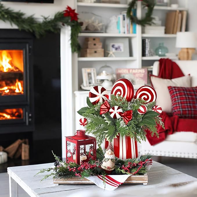 Christmas Table Centerpieces Decorations 12.9" Artificial Small Christmas Tree Potted Plant with Red and White Lollipop Candy Canes Pine Cones for Indoor Home Xmas Party Arrangement Centerpieces Decor