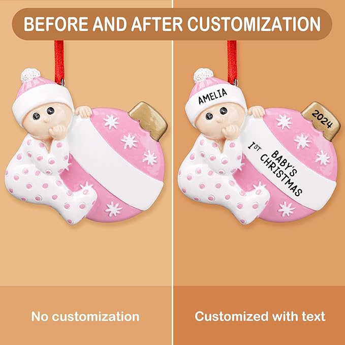 iDIY Personalized Babys First Christmas Ornaments 2025 - Custom Name Baby Ornaments for Christmas Tree - Xmas Gifts Ideal for Baby Grandkids Newborn - Girl or Boy - Pink