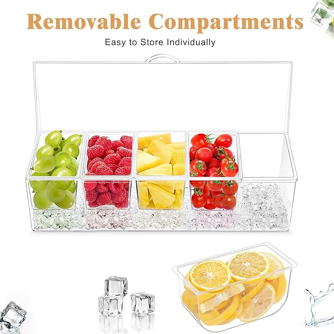 5 Compartment Condiment Server, Ice Chilled Condiment Containers with Lid, Clear Condiment Caddy Serving Tray on Ice with 5 Serving Spoons 5 Fruit Forks 2 Serving Tongs