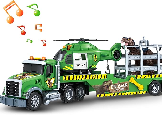 SpringFlower Carrier Dino Truck Kids Toys, 24“ Semi Truck Toy with Helicopter & Dino Toy with Lights, Sounds, Vehicle Toy for Toddlers 3 4 5 6 7, Birthday Gifts for Kids