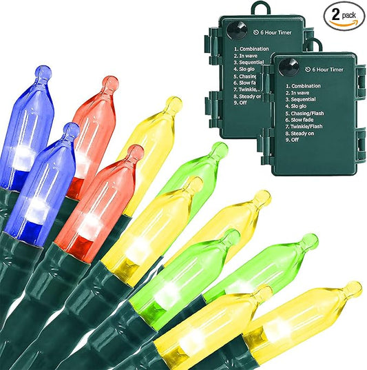 Christmas Light, 33ft 100 LED Battery Operated String Lights with Auto Timer & 8 Modes, Green Wire Outdoor Waterproof String Lights for Outdoor and Indoor Christmas Decor, Multicolor 2Pack