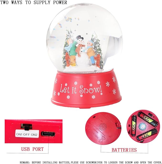 120mm Christmas Snow Globe Lamp - Red Base Musical Holiday Decoration Xmas Tree & Snowman with Timer, USB Power, Festive Room Light, Best Gift for Christmas,New Year