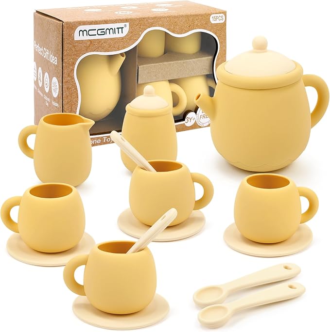 MCGMITT Toy Tea Set, Silicone Tea Party Set for Little Girls Boys, 15 Pcs BPA Free Dishwasher Safe Pretend Tea Set for Toddlers Kids Age 3-6, Non Breakable Cute Toy Kitchen Accessories for Children