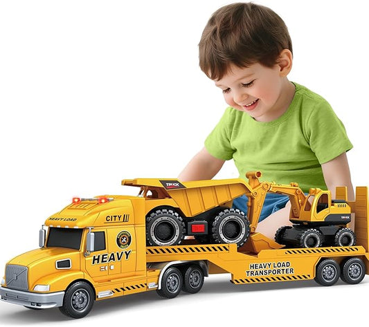 SpringFlower 3 4 5 6 Toddler Boy Toys, 25" Construction Carrier Truck Vehicle Car, Boys Car Toys with Excavator and Dump Truck, Birthday Gifts for Kids 3 4 5 6 Years Old