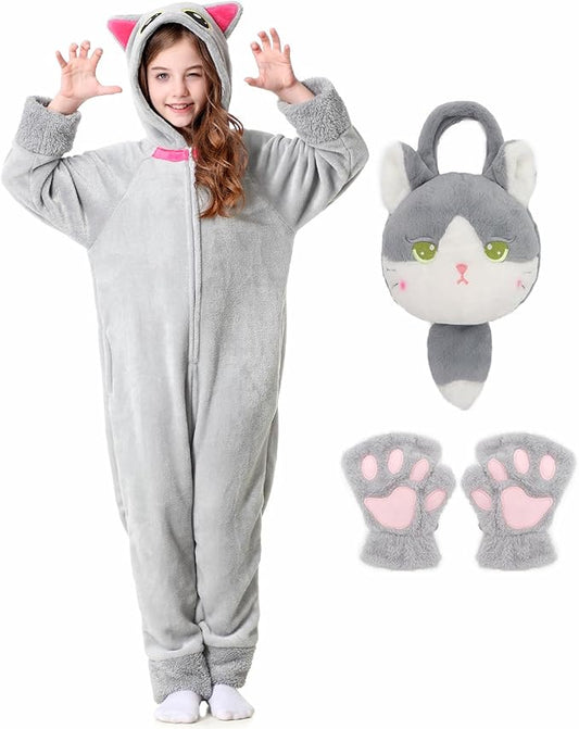 Resiwai Cat Costume for Girls and Boys, Animal Onesie Costumes with Bag and Cat Paws, Halloween Kitty Costume for Kids