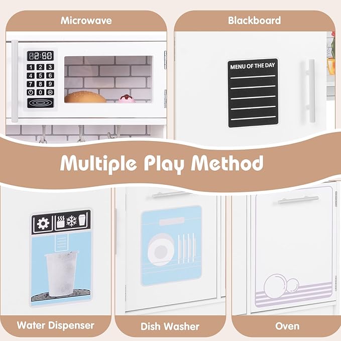 Costzon Play Kitchen for Kids, Wooden Toy Kitchen Set with Blackboard, Faucet, Sink, Oven, Microwave, Dishwasher, Accessories, Pretend Cooking Toy for Toddlers, Kids Kitchen Playset, Gift for Ages 3+