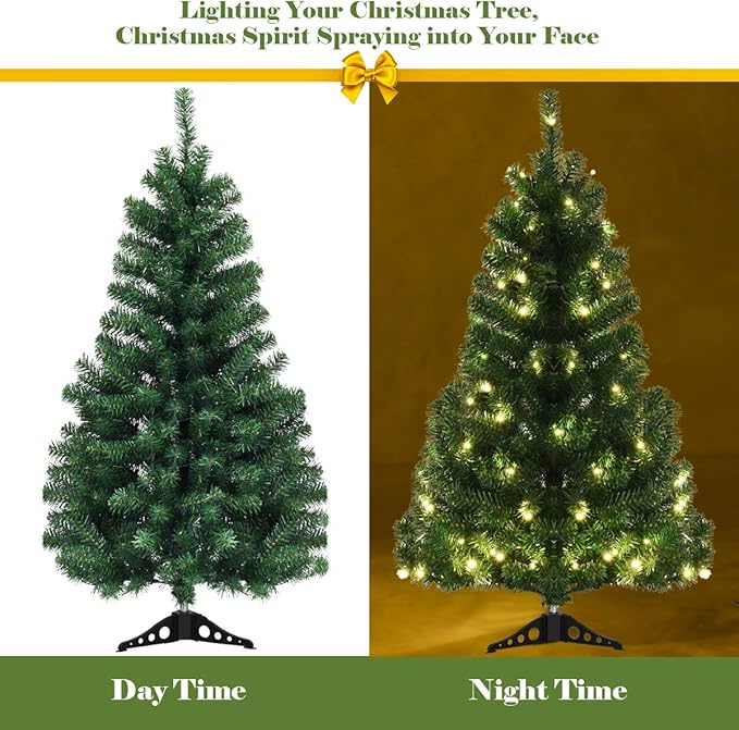 GOFLAME 4FT Pre-lit Artificial Christmas Tree, PVC Pine Tree Home Holiday Decoration with Plastic Stand