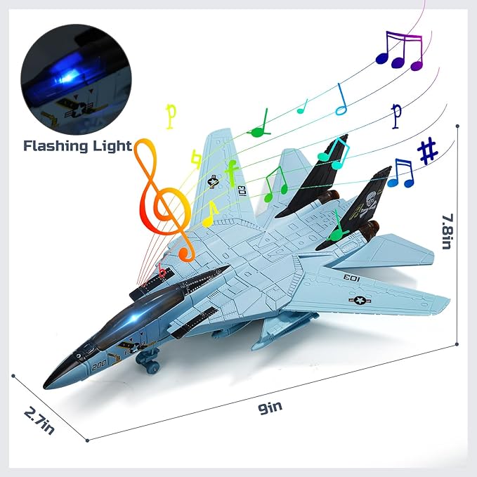 Double Fighter Jet Toy, F14 & F22 Diecast Planes with Lights & Sounds, Pull Back Military Aircraft Gift for Kids, Boys
