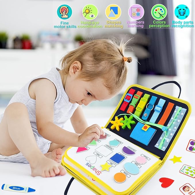 Busy Board Montessori Toys for 1 2 3 4 Year Old Boy & Girl Birthday Gifts, Busy Book for Toddlers 1-3, Sensory Educational Travel Toys, Preschool Activities for Learning Fine Motor Skills