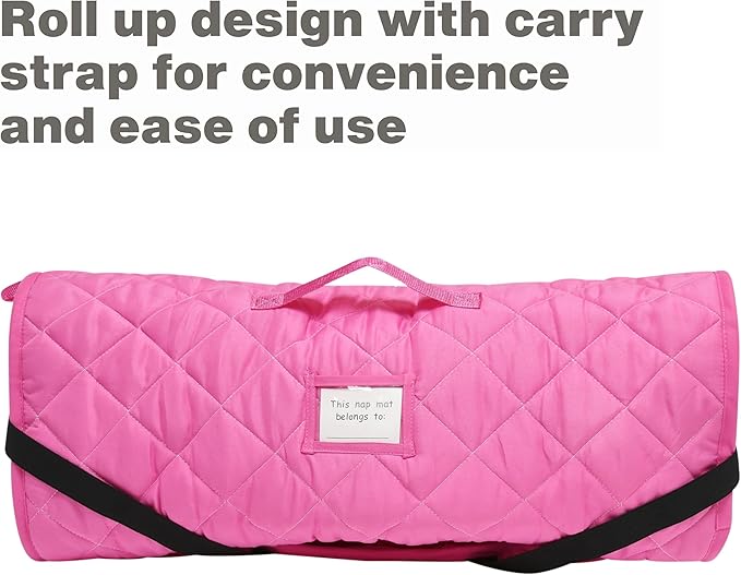 EVERYDAY KIDS Cute Preschooler and Toddler Cot Nap Mat for Home, Daycare, Preschool and Kindergarten; Easy to Roll Sleeping Mat with Elastic Straps, Pillow and Blanket