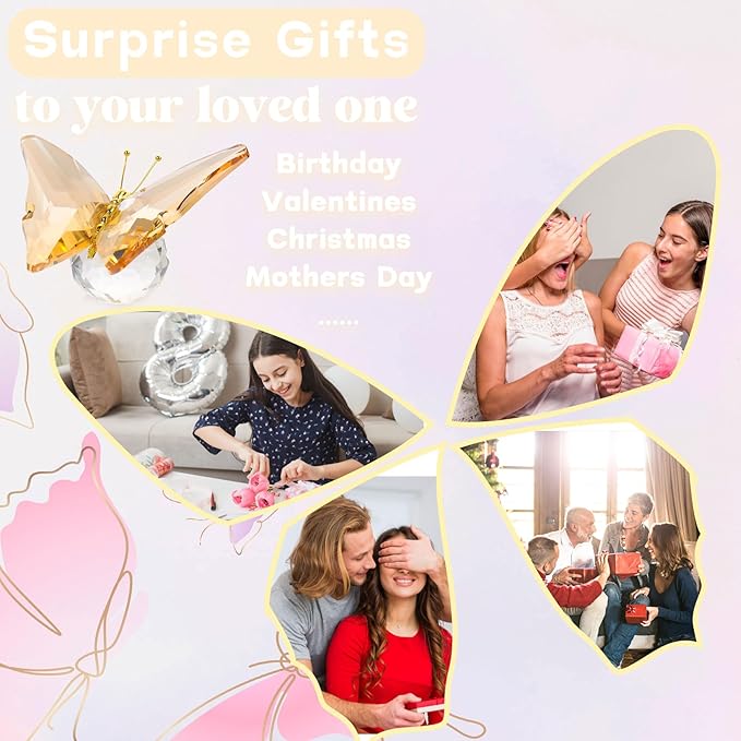 Movdyka Crystal Butterfly Decor Figurines for Mom Women, Yellow Glass Butterfly Craft Desk Office Dcorations Table Centerpieces, Animal Ornaments Paperweight