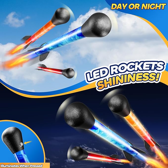 Rockets for Kids Age 4-8 with 8 LED Rockets and 2 Launcher - Outdoor Toys for 4 5 6 7 8-12 Year Old Boy Birthday Gift, Air Powered Flying Toy Shooting Up to 100 Feet, Toys for Kids Ages 8-12