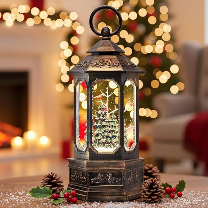 12 "Christmas Snow Globe Lantern, Glitter hex Music Box, USB and Battery-Powered Decorations (Cardinals in The Deep Woods)