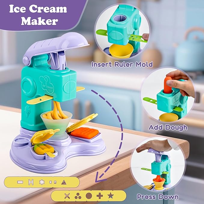 60 PCS 3 in 1 Dough Sets for Kids Ages 3-4-8, Art Crafts Dough Tools Kit, Unicorn Hair Stylist, Ice Cream Playset Hamburger Maker Machine, Kitchen Creations Food Play Toys Boys Girls