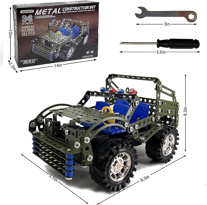 Metal Model Car Kits - 283 Pcs Erector Sets for Boys Age 8-12, Building Toys, STEM Kits for Kids Age 8-10, Assembly Jeep Project Army Toys for Ages 14 and Up, Gifts for 15 16 Year Old Boys and Adults