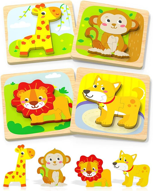 Wooden Puzzles Toddler Toys for 1 2 3 Year Old Boy Girl, 4 Packs Animal Toddler Puzzles Preschool Educational Learning Montessori Toys Age 1-3, 2-4 Christmas Birthday Gifts