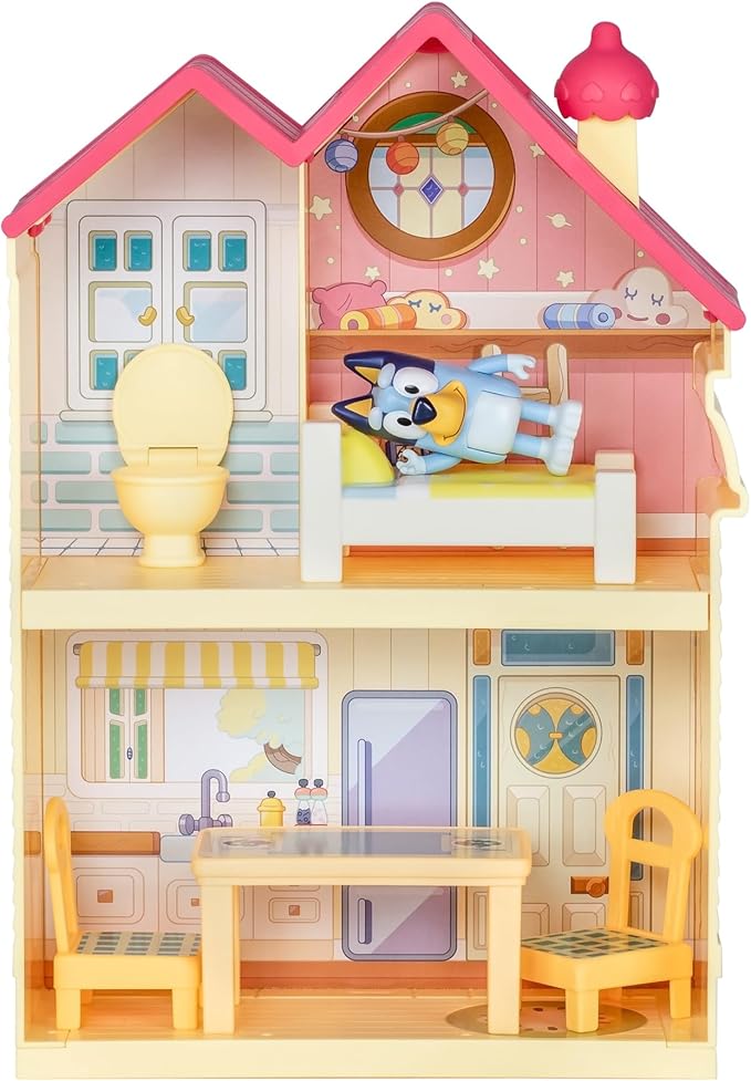 Bluey Mini Home Playset | Compact House Playset with Carry Handle | Three Different Rooms | Kitchen, Bedroom and Bathroom | Includes Figure with 5 Play Pieces