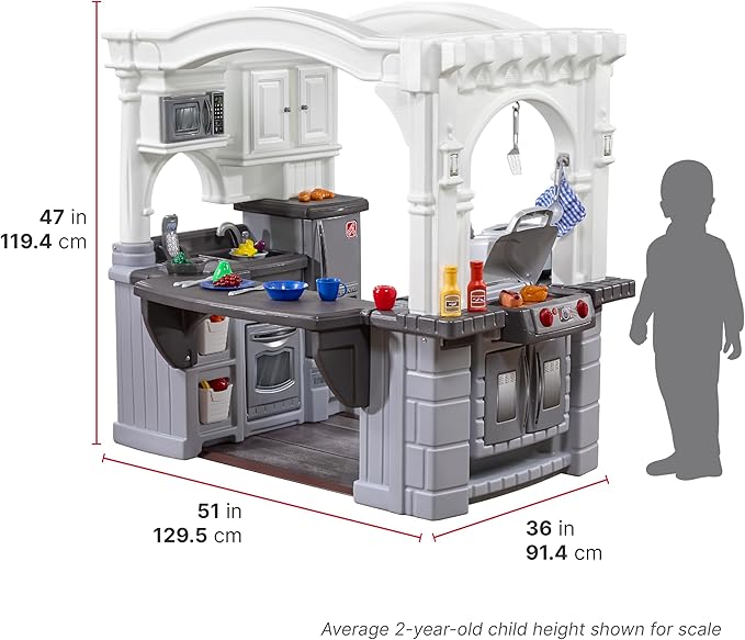 Step2 Grand Walk-in Kitchen & Grill Kids Playset, Indoor/Outdoor Kitchenette, Interactive Play with Lights and Sounds, Durable Plastic, 103 Piece Toy Accessories, Toddlers 2+ Years Old, Gray/White
