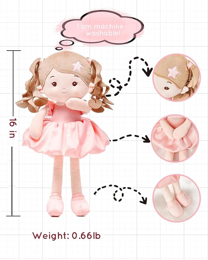 Soft Baby Doll Toys (16''), My First Baby Rag Doll for 1 Year-Old Girl Birthday Gift, Christmas Plush Toys Gift for Toddler Kids Infants -Starlet Pink