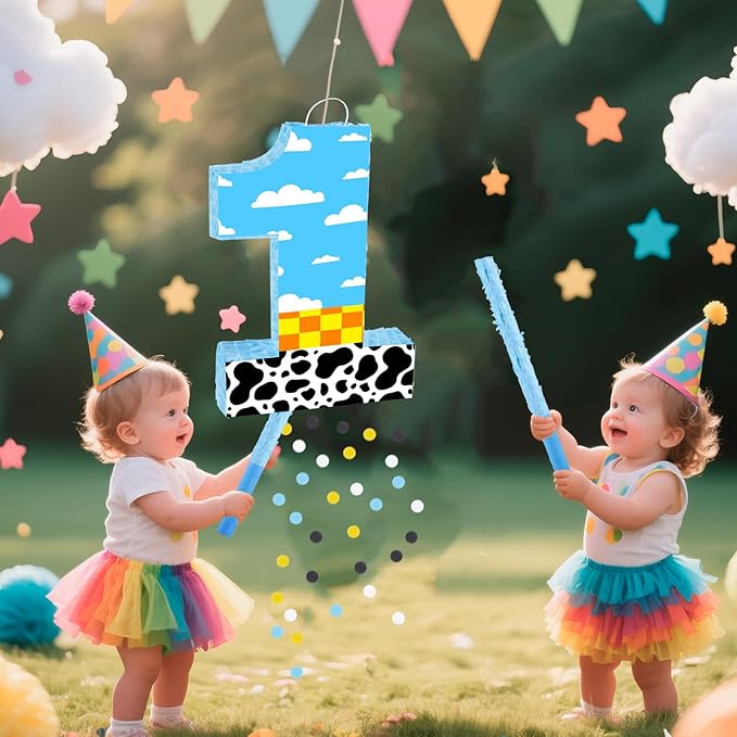 16 Inch Number 1 White Cloud Pinata with 16 Inch Piñata Stick Blindfold Confetti for Boy Girl Kids 1st Birthday Party Decorations(1st)
