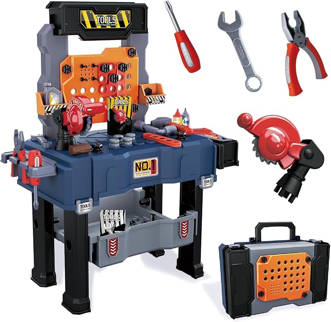 PIXATA Kids Tool Bench, Realistic and Electric Drill, Transformable Tool Set, Toddler Bench Pretend Play Learning Gift for Boys & Girls