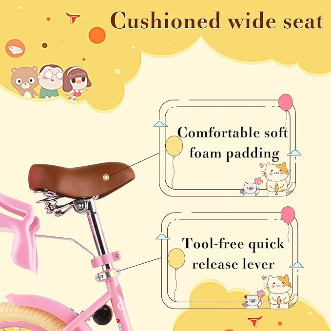 RULLY Kids Bike 12 14 16 inch for 2-7 Years Girls with Training Wheels & Front Handbrake, Kids Bicycle with Basket Bike Streamers Toddler Cycle Bikes